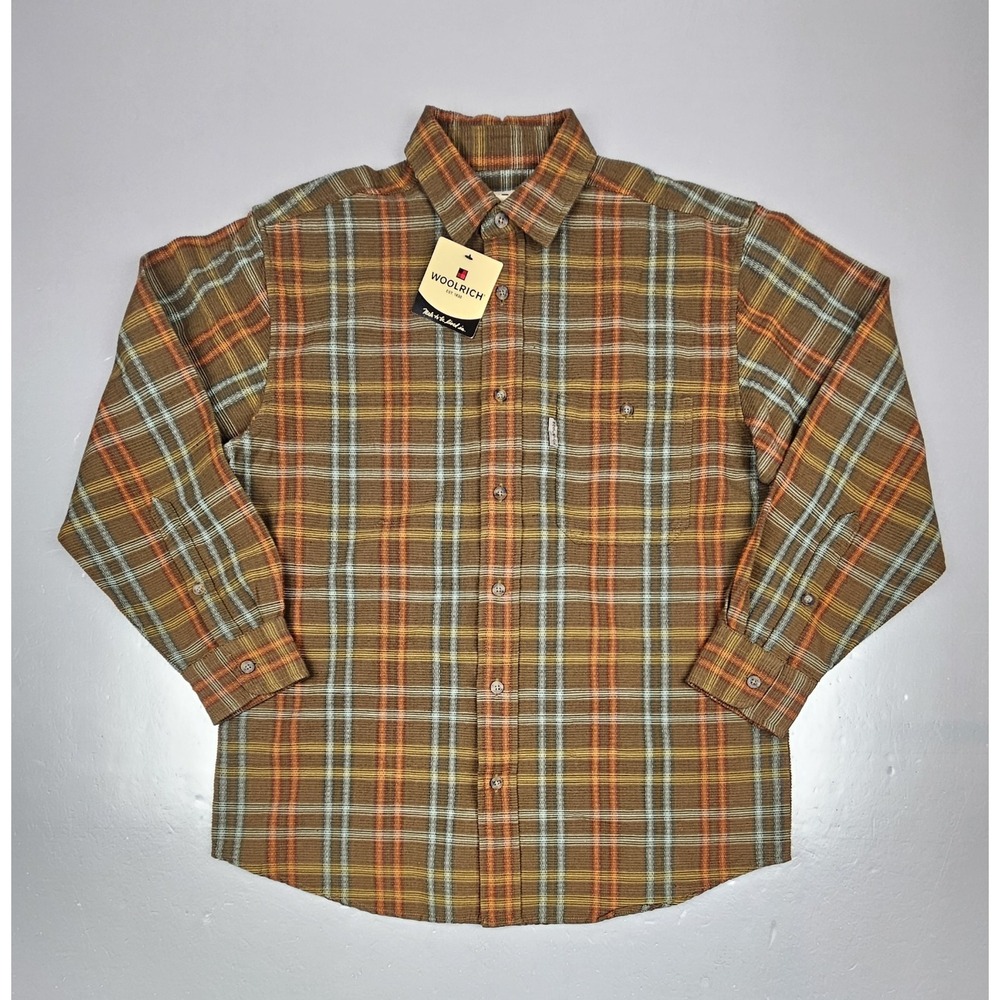 Woolrich Button Up Shirt Mens Med. Brown Plaid Cotton Longsleeve. NWT